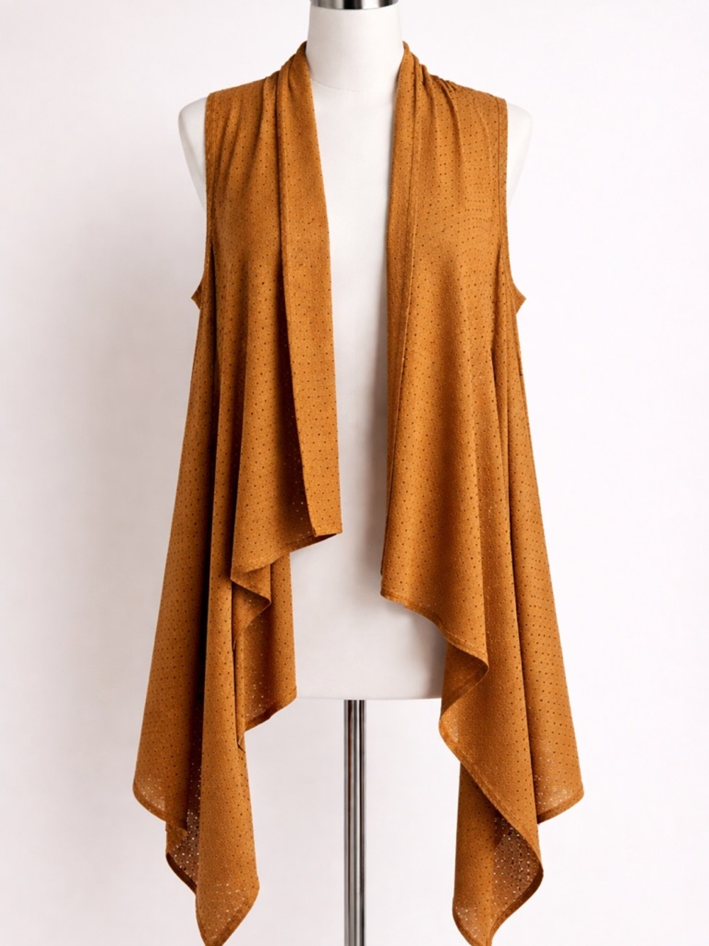Suede-Look Waterfall Vest Open Front Lightweight Drape Boho Western OS